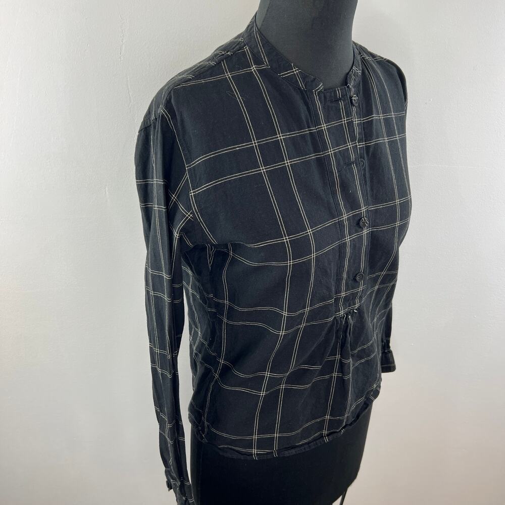 Ines de la Fressange UNIQLO Black Plaid Long Sleeve Button Up Popover Top S - Picture 3 of 5